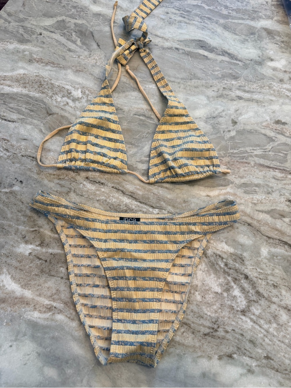 Inca Metallic Gold Blue Stripe Triangle Bikini Set Large Italian Fabric